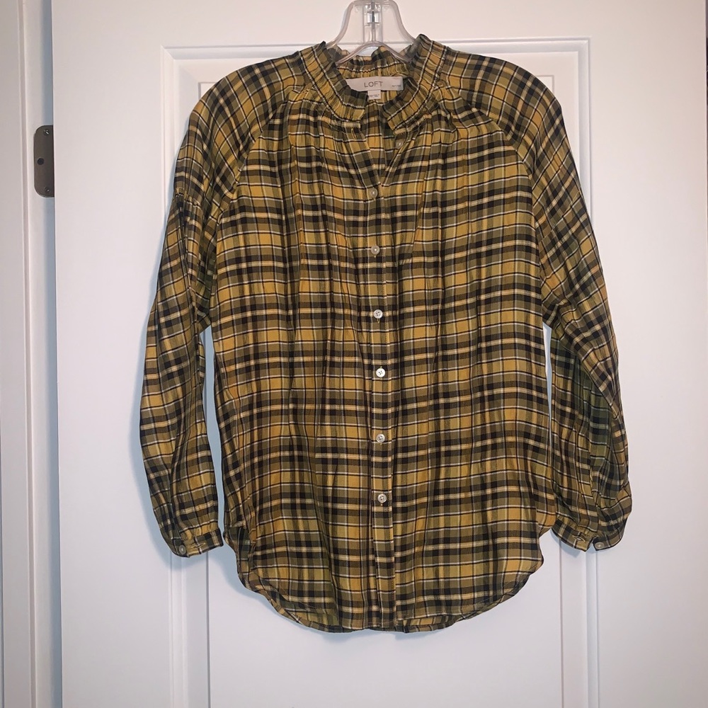 LOFT Petite Plaid Smocked Neck Blouse NWT XXSP